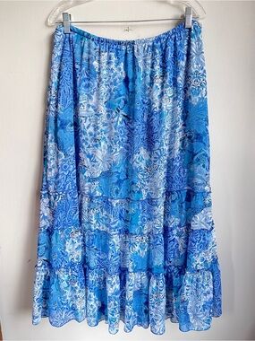 Whimsical Dressbarn Blue Floral Tiered Maxi Skirt - Cottagecore, Boho